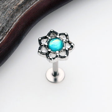 Detail View 1 of Lotus Flower Filigree Opal Sparkle Steel Labret-Teal